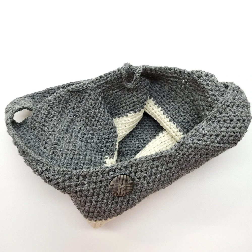 Handmade‎ Crochet Purse Gray Ivory Button Closure Hippie Boho Tote